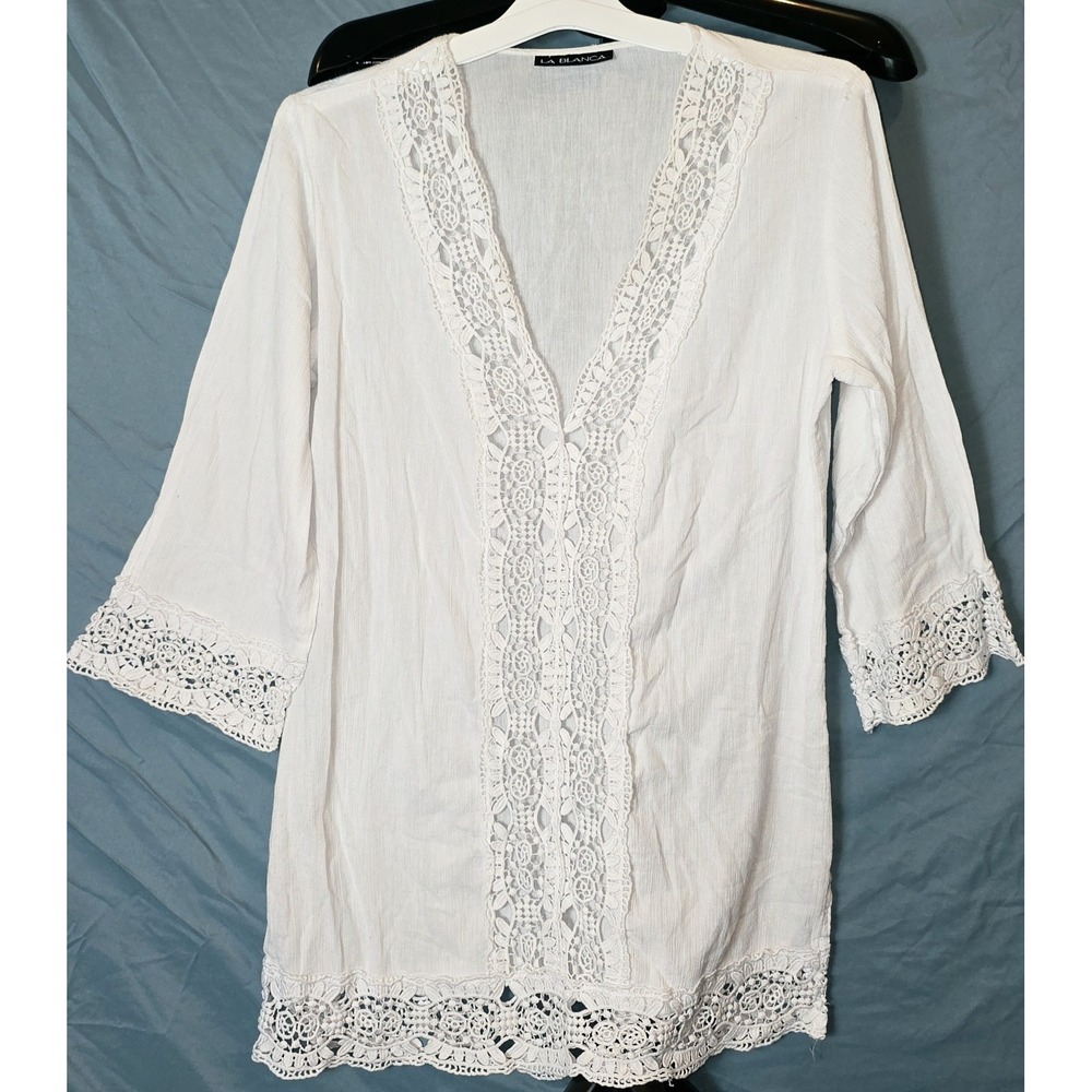 La Blanca Island Fare Cover-up Tunic Top w/ Crochet Gauze Small/Medium